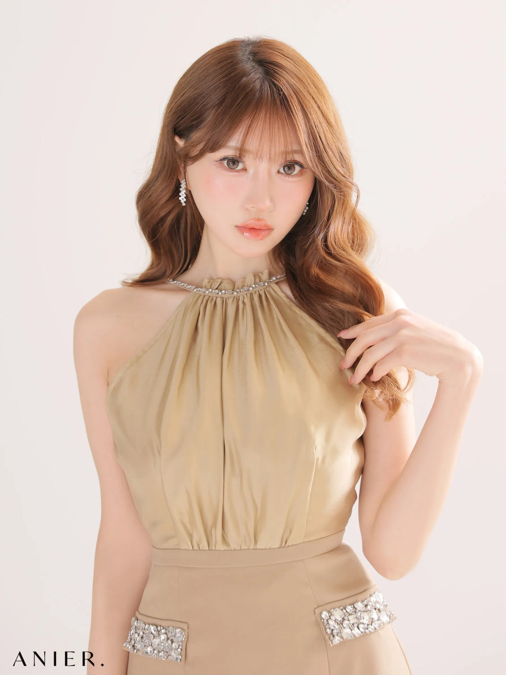 Satin Bijou back open halter mini dress (anier4051)
