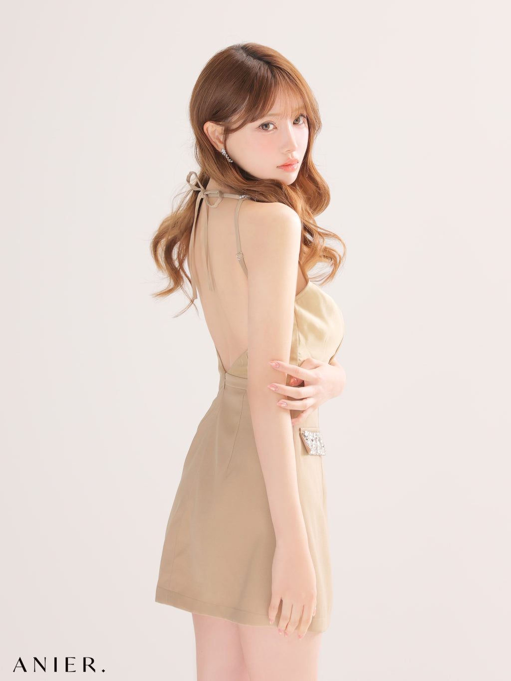 【XSサイズあり】Satin Bijou back open halter mini dress (anier4051)