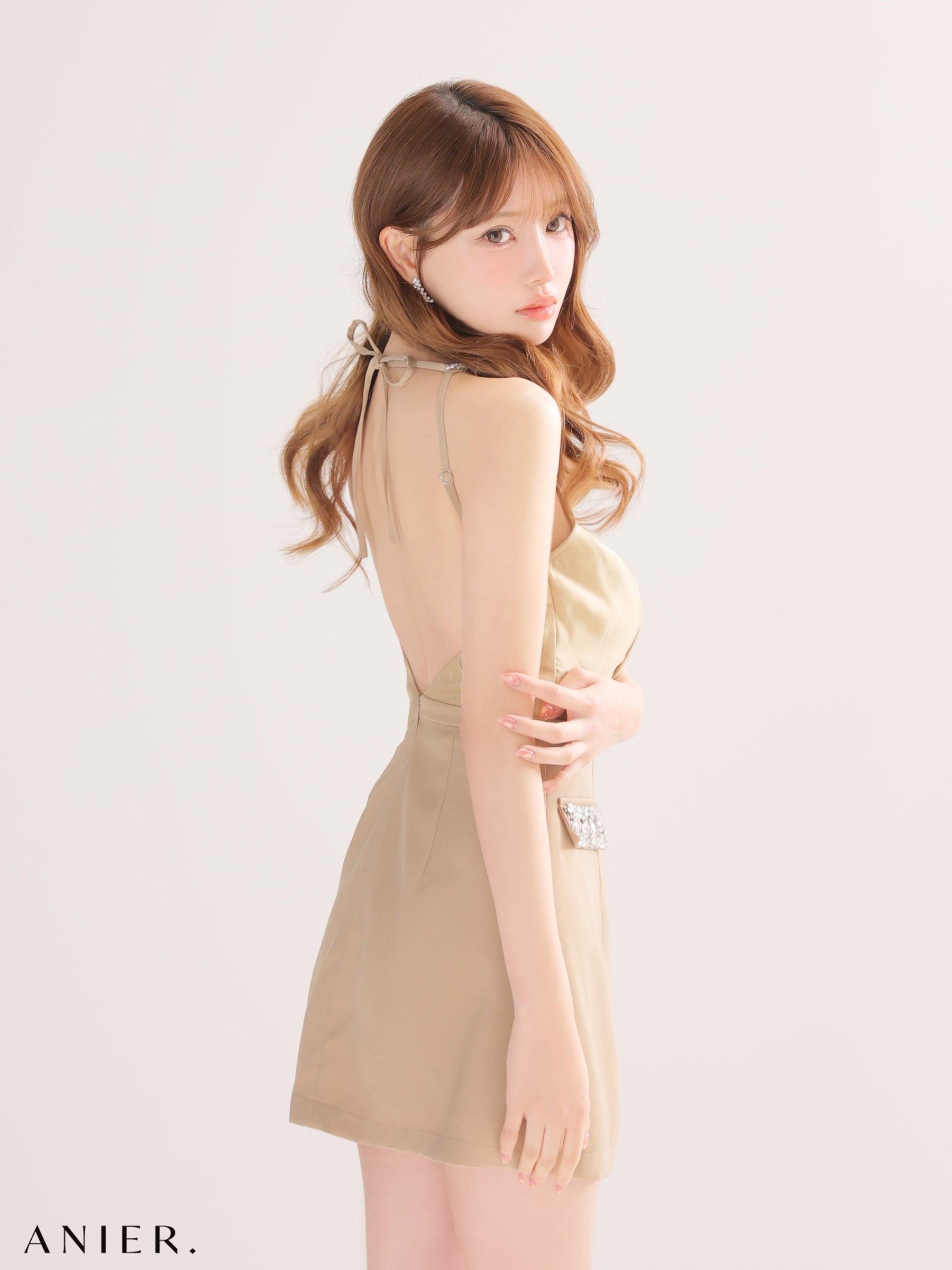 【XSサイズあり】Satin Bijou back open halter mini dress (anier4051)