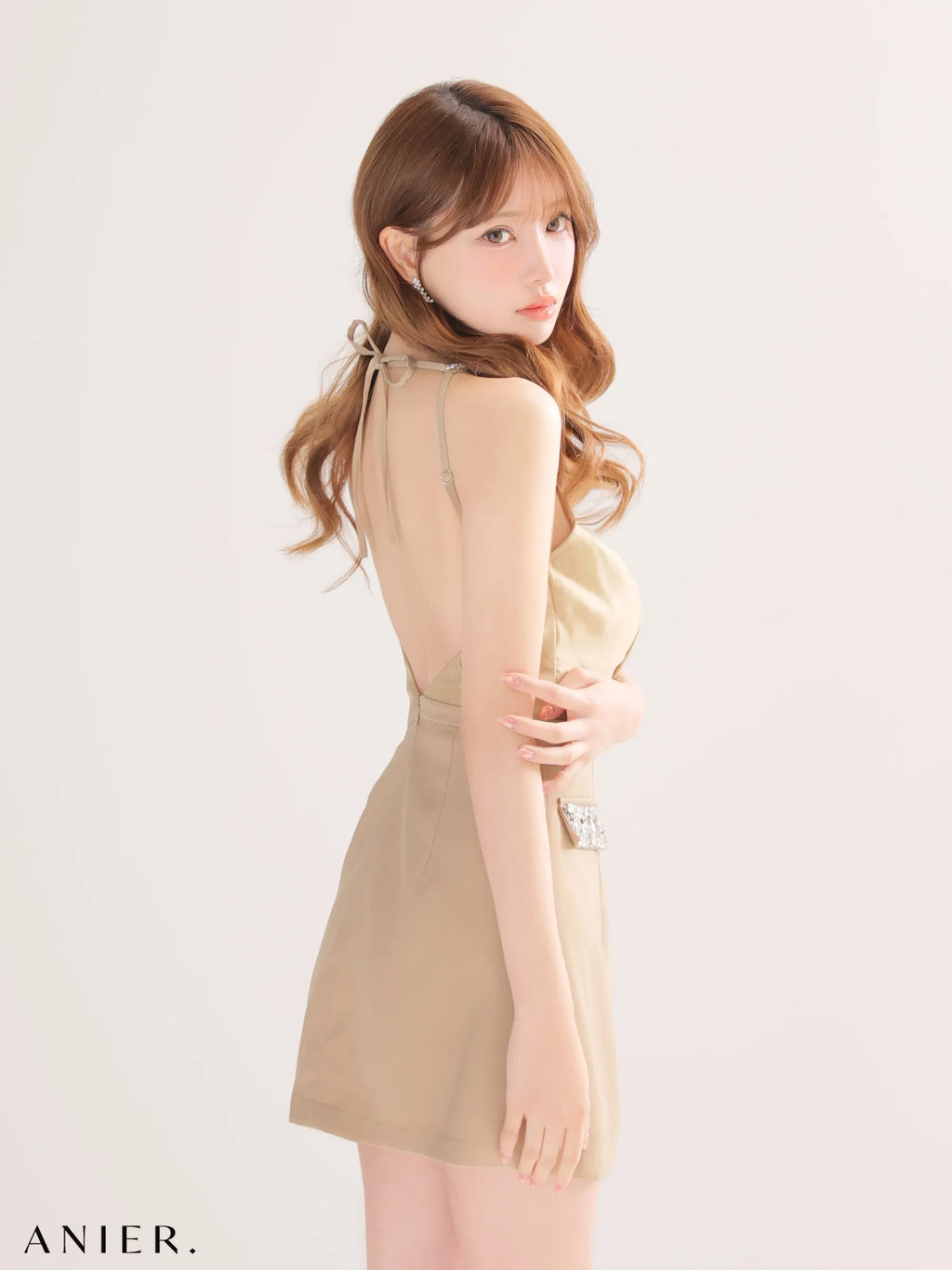 Satin Bijou back open halter mini dress (anier4051)