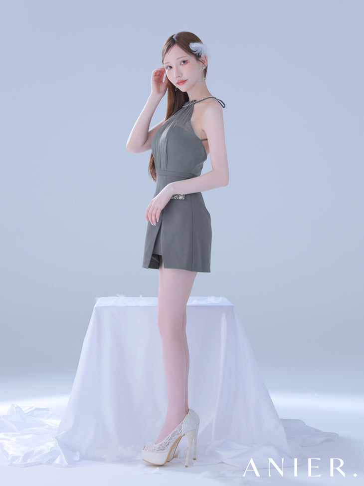 【XSサイズあり】Satin Bijou back open halter mini dress (anier4051)