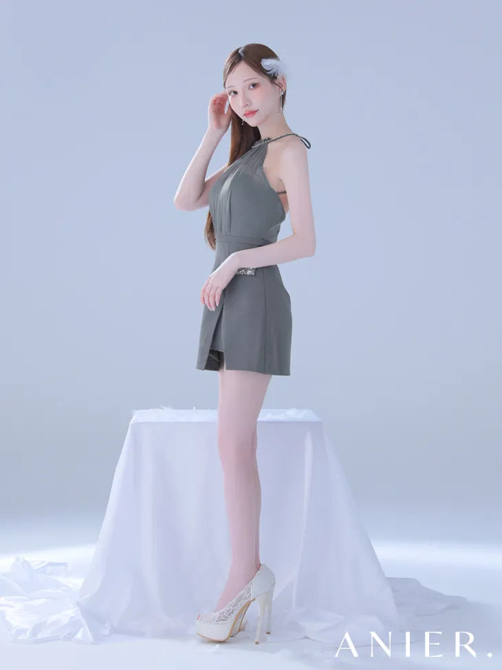Satin Bijou back open halter mini dress (anier4051)