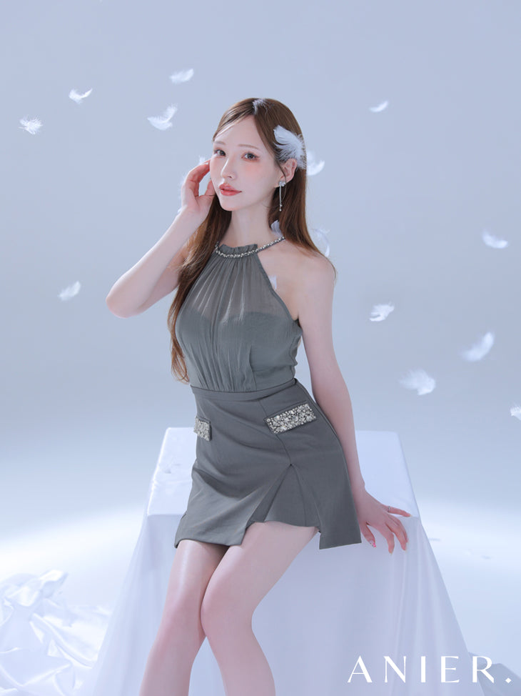 【XSサイズあり】Satin Bijou back open halter mini dress (anier4051)