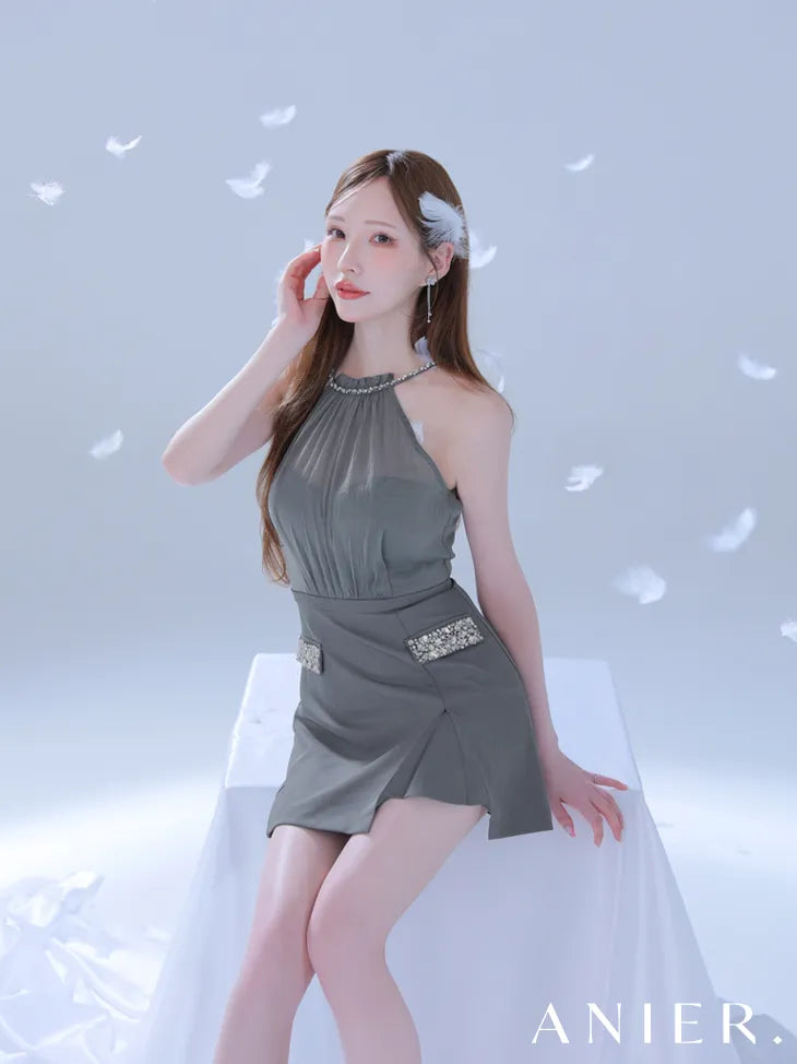 Satin Bijou back open halter mini dress (anier4051)