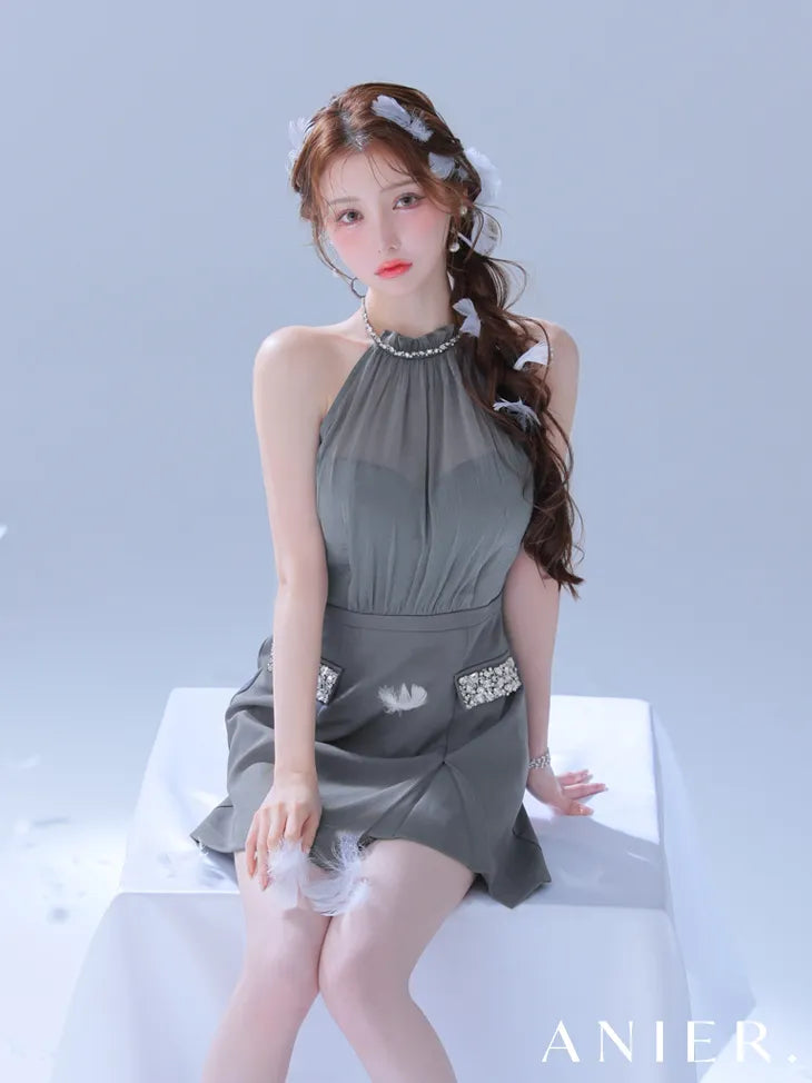 Satin Bijou back open halter mini dress (anier4051)