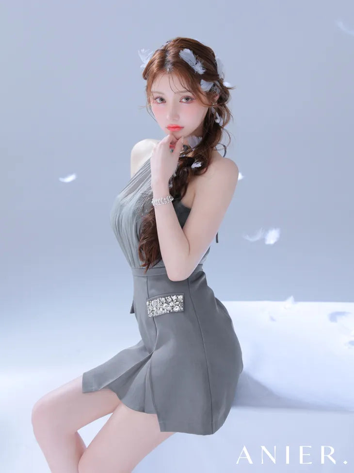 Satin Bijou back open halter mini dress (anier4051)