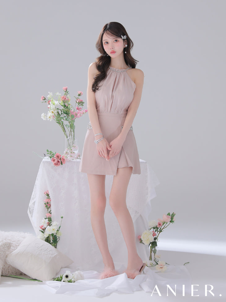 【XSサイズあり】Satin Bijou back open halter mini dress (anier4051)