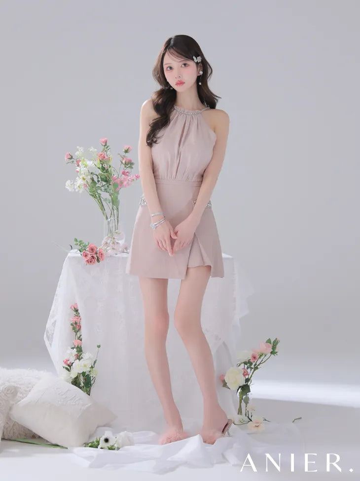 Satin Bijou back open halter mini dress (anier4051)