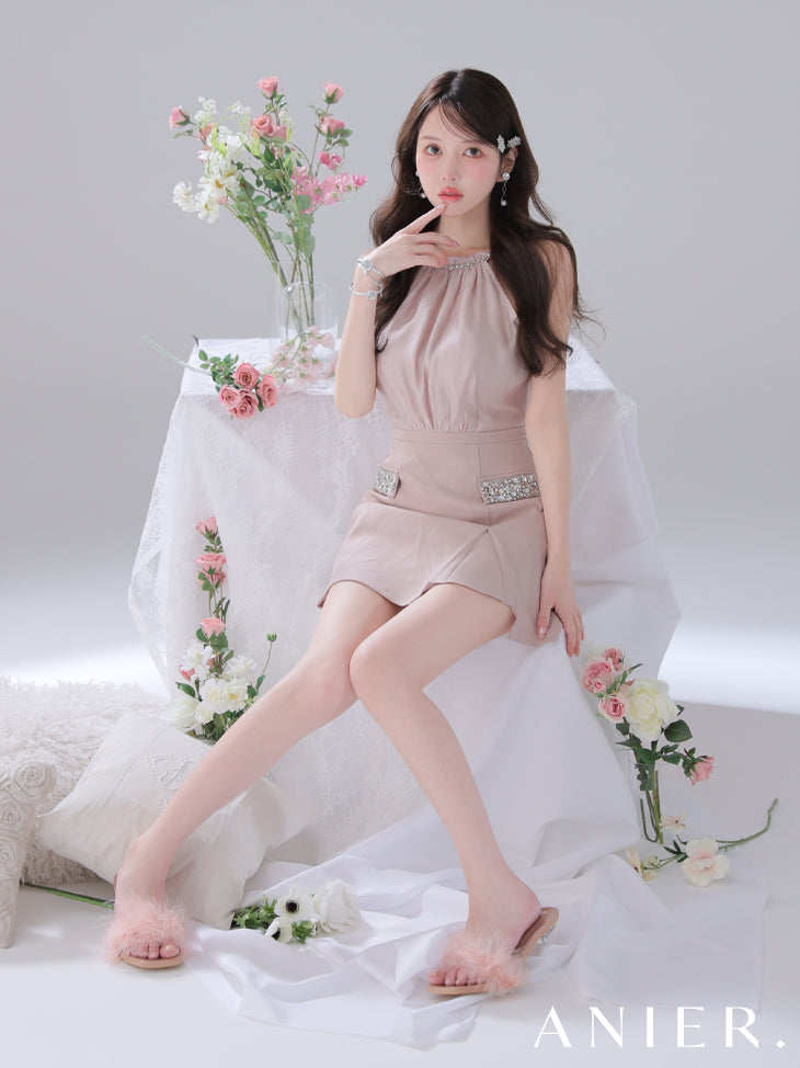 【XSサイズあり】Satin Bijou back open halter mini dress (anier4051)