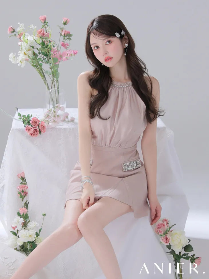 Satin Bijou back open halter mini dress (anier4051)