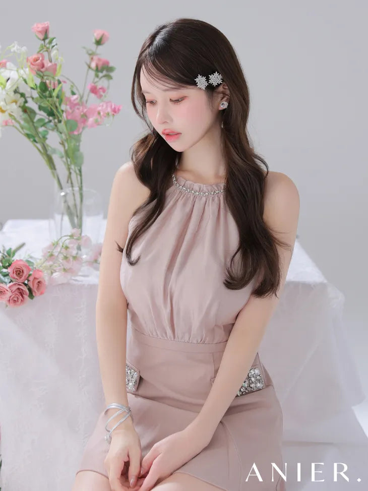 Satin Bijou back open halter mini dress (anier4051)
