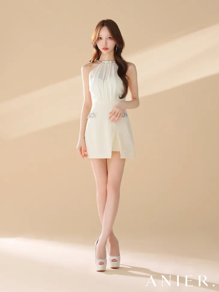 Satin Bijou back open halter mini dress (anier4051)