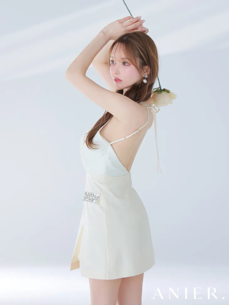 Satin Bijou back open halter mini dress (anier4051)