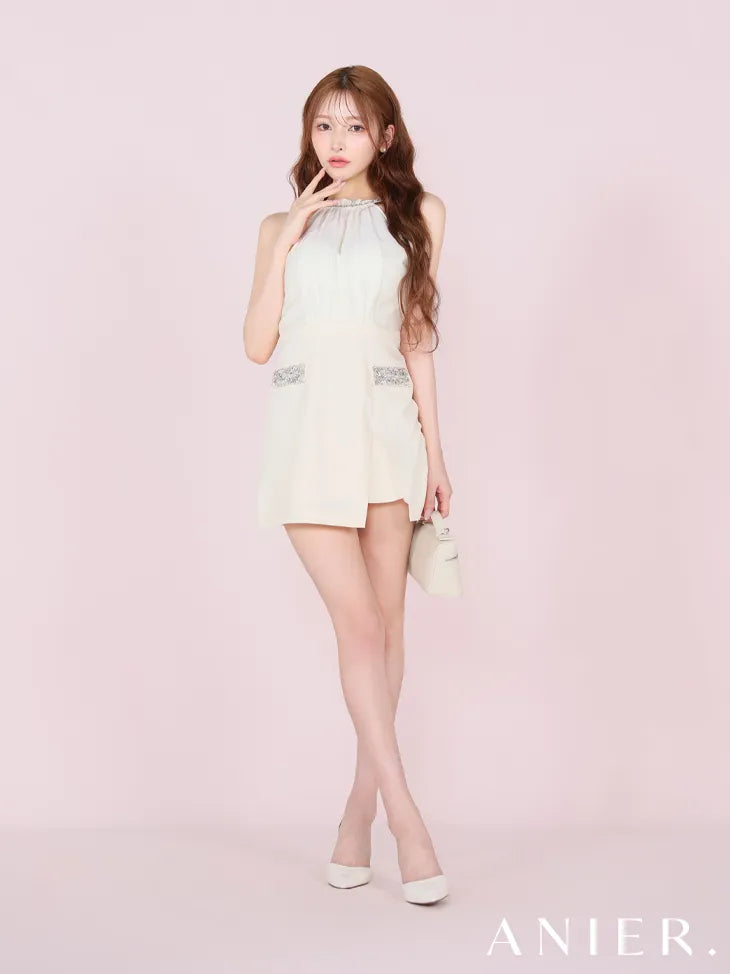 Satin Bijou back open halter mini dress (anier4051)