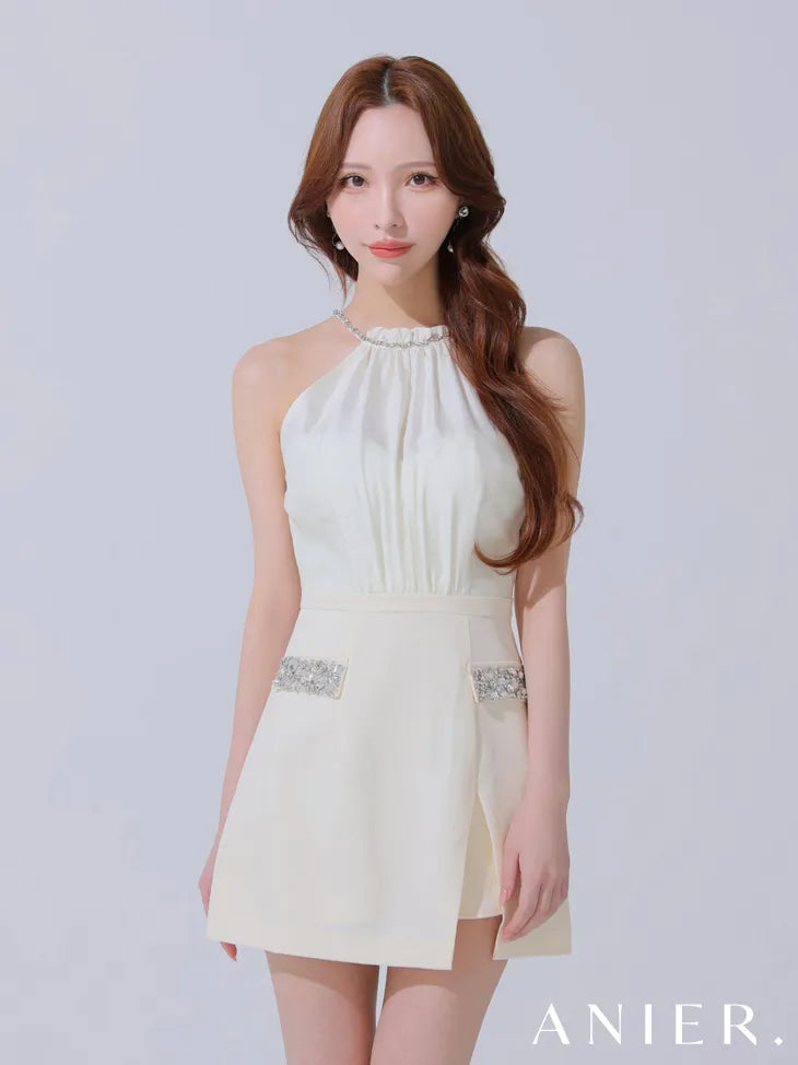Satin Bijou back open halter mini dress (anier4051)