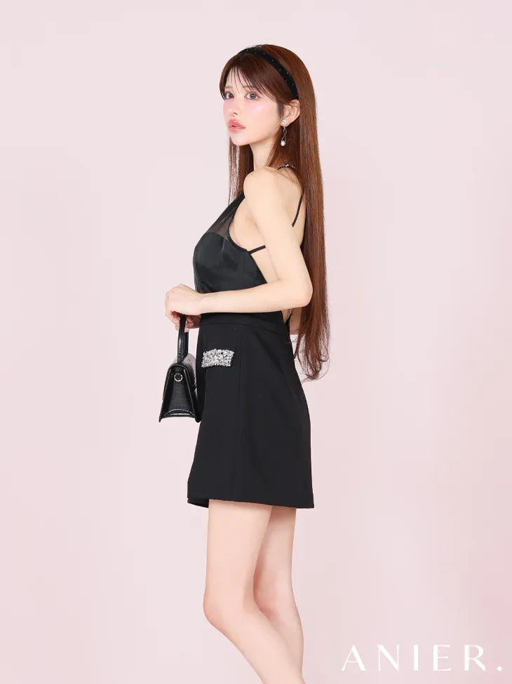 Satin Bijou back open halter mini dress (anier4051)