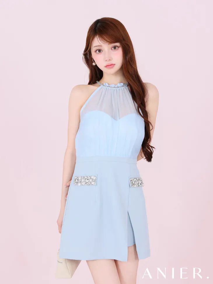 Satin Bijou back open halter mini dress (anier4051)