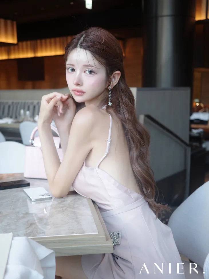 Satin Bijou back open halter mini dress (anier4051)