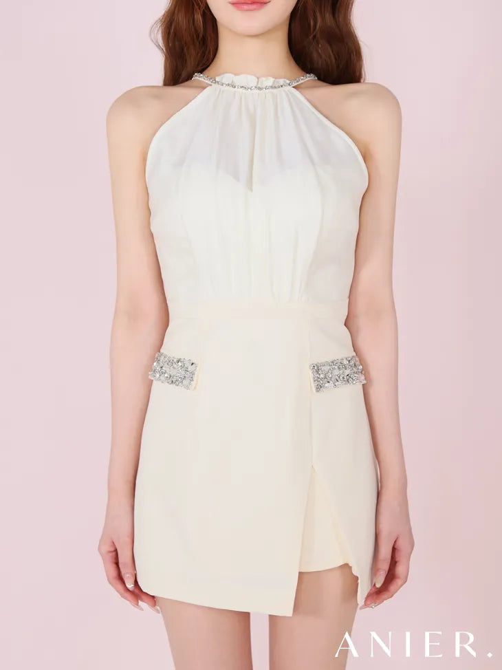 Satin Bijou back open halter mini dress (anier4051)