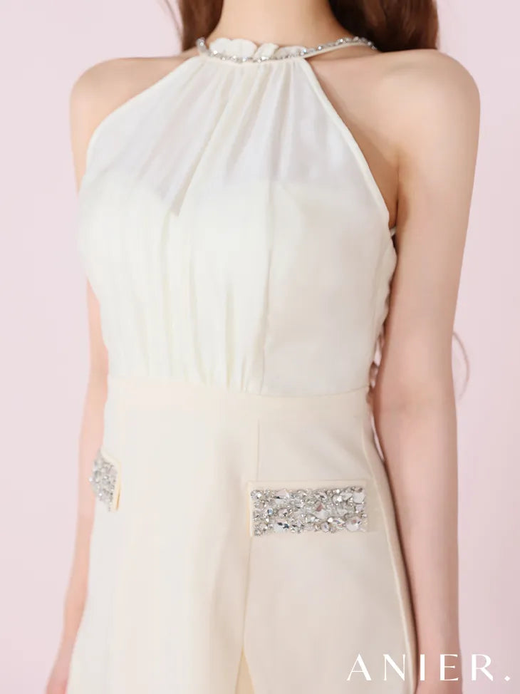 Satin Bijou back open halter mini dress (anier4051)