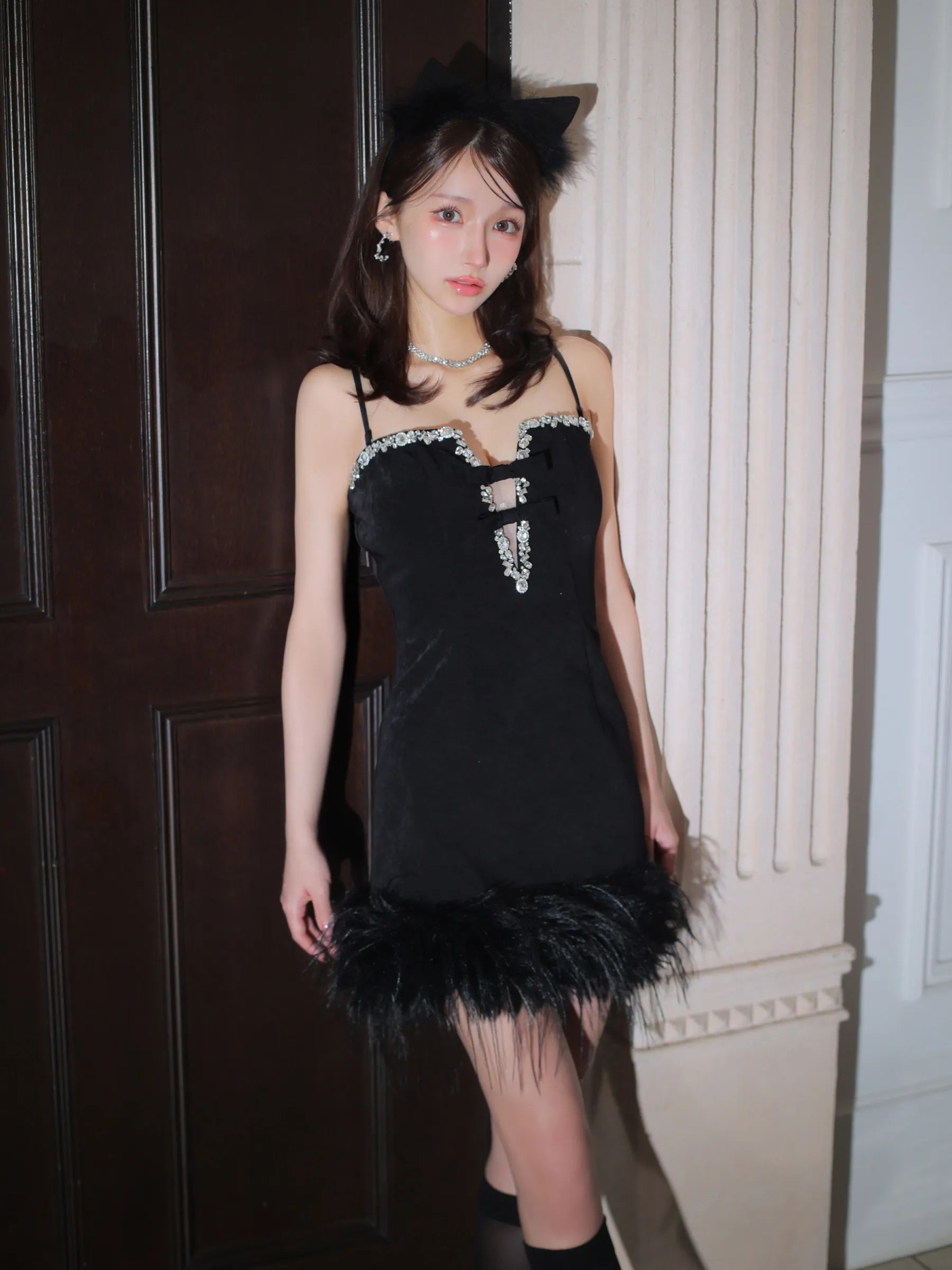 Sparkly ribbons voluminous fur cat ears halloween dress (anier4053)