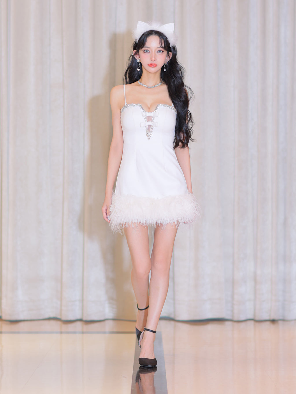 【XSサイズあり】Sparkly ribbons voluminous fur cat ears halloween dress (anier4053)