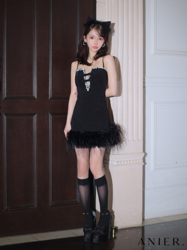 【XSサイズあり】Sparkly ribbons voluminous fur cat ears halloween dress (anier4053)