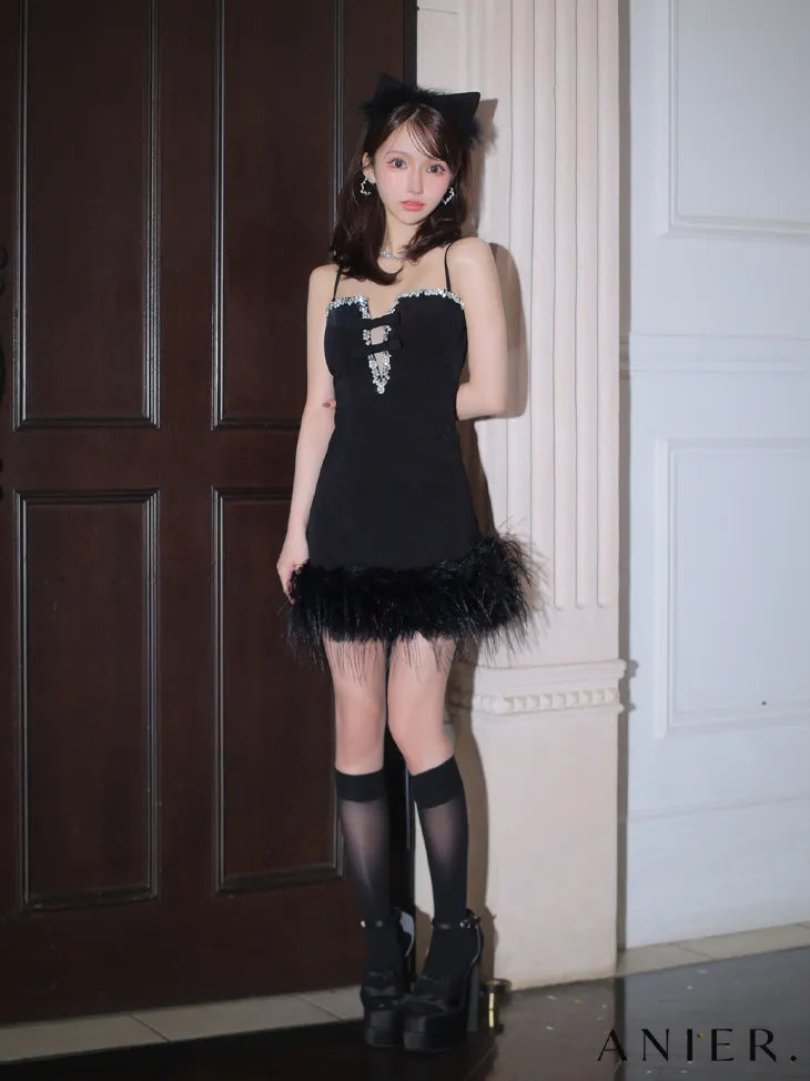 Sparkly ribbons voluminous fur cat ears halloween dress (anier4053)