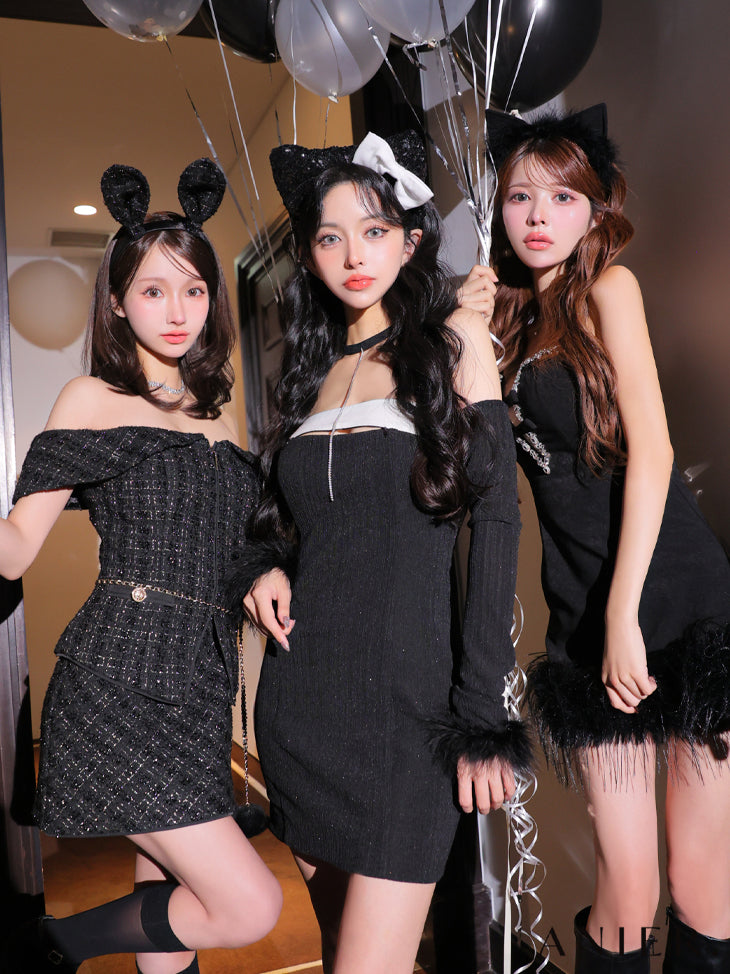 【XSサイズあり】Sparkly ribbons voluminous fur cat ears halloween dress (anier4053)