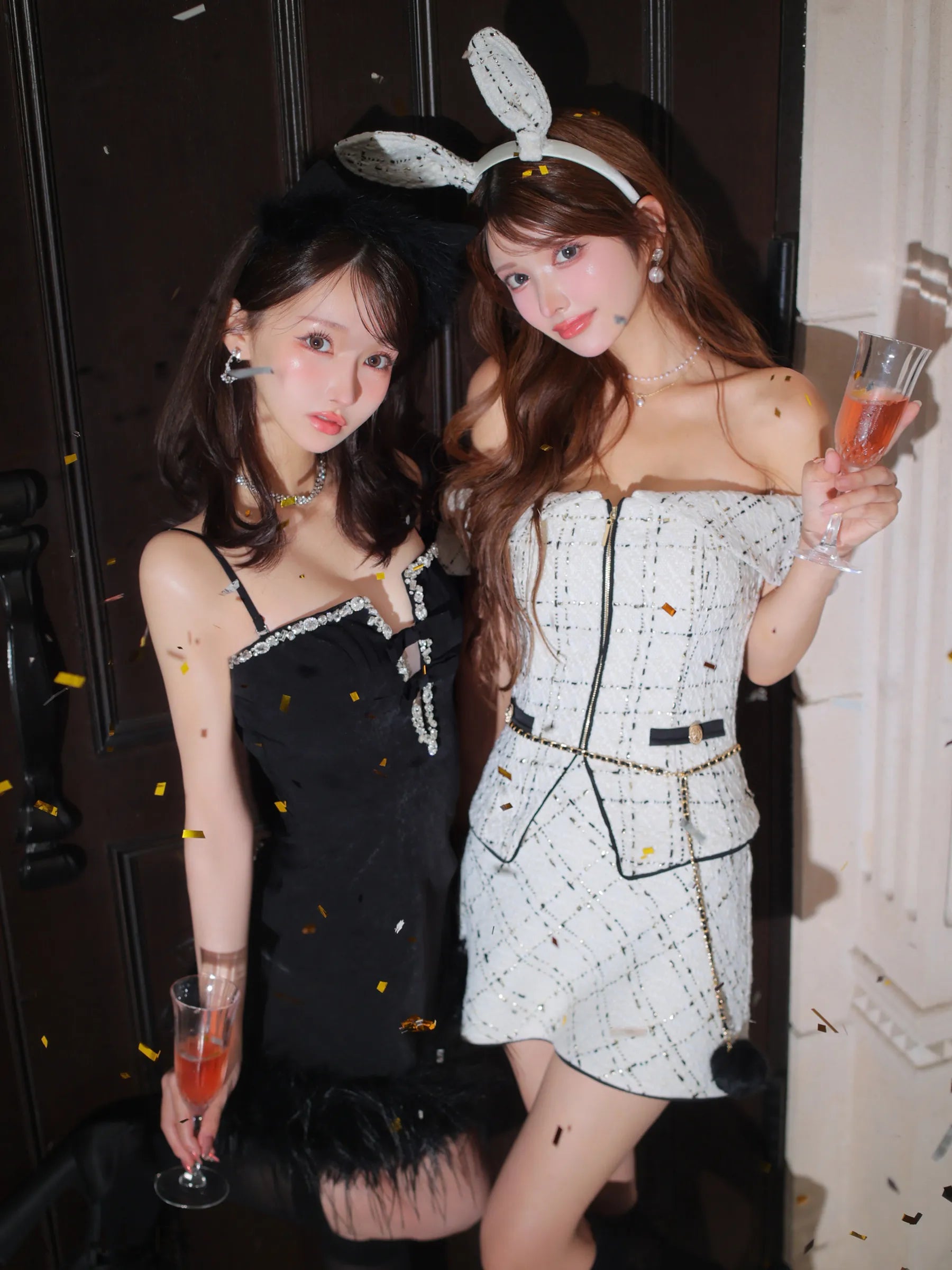 Tweed off-the-shoulder waist-cut bunny halloween dress (anier4054)