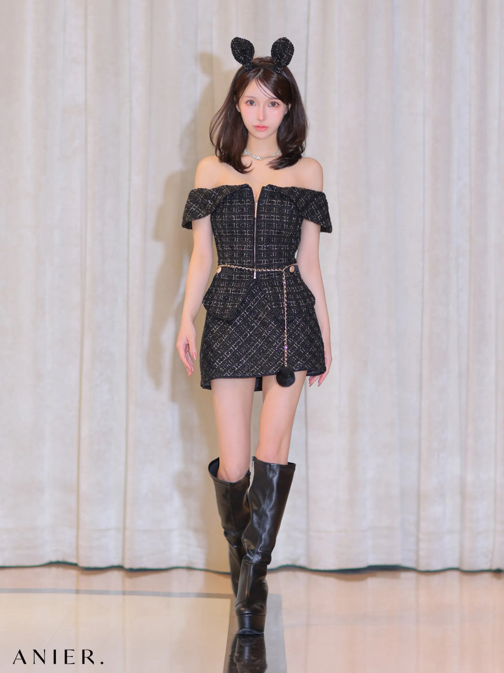 Tweed off-the-shoulder waist-cut bunny halloween dress (anier4054)