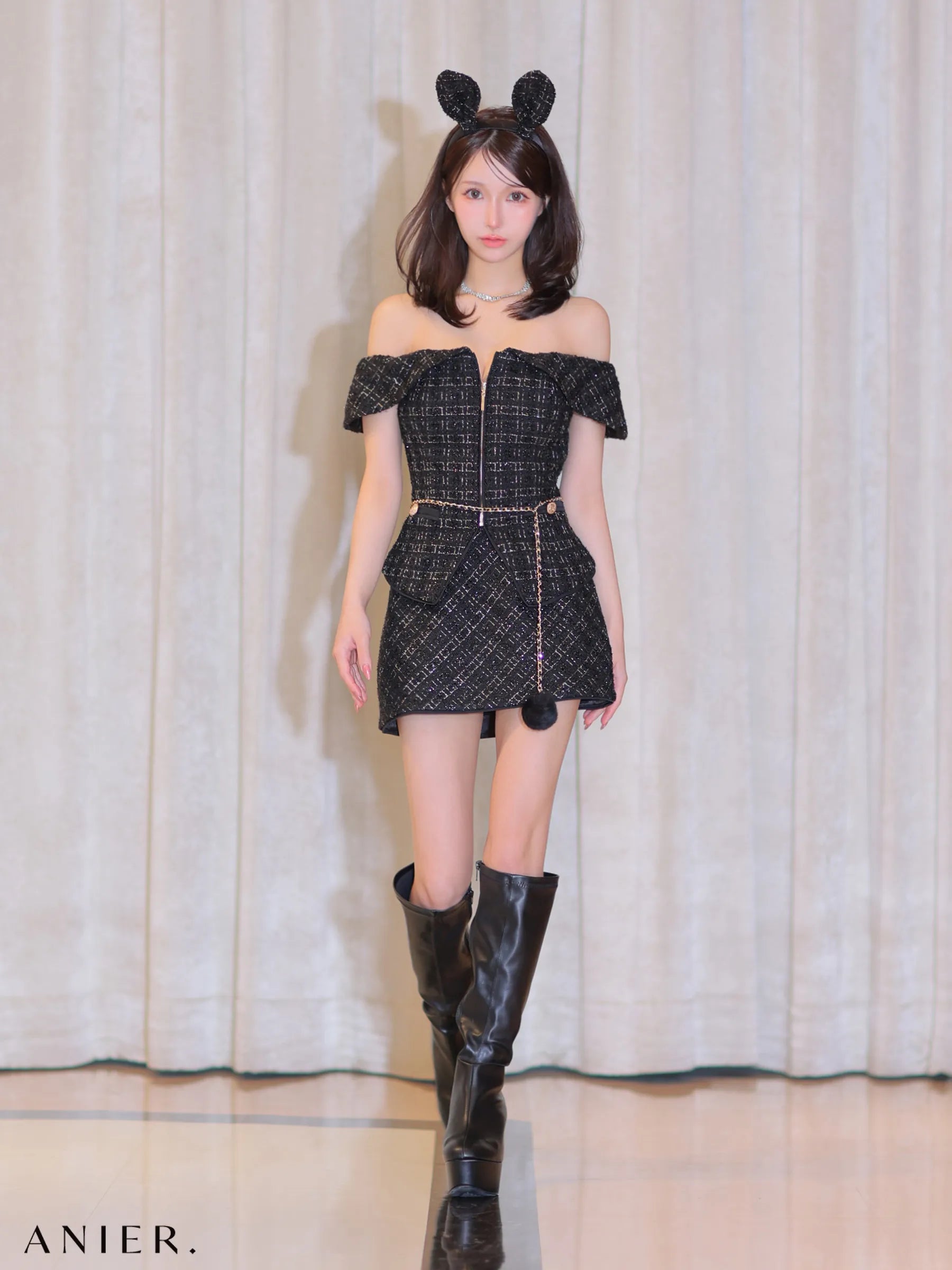 Tweed off-the-shoulder waist-cut bunny halloween dress (anier4054)