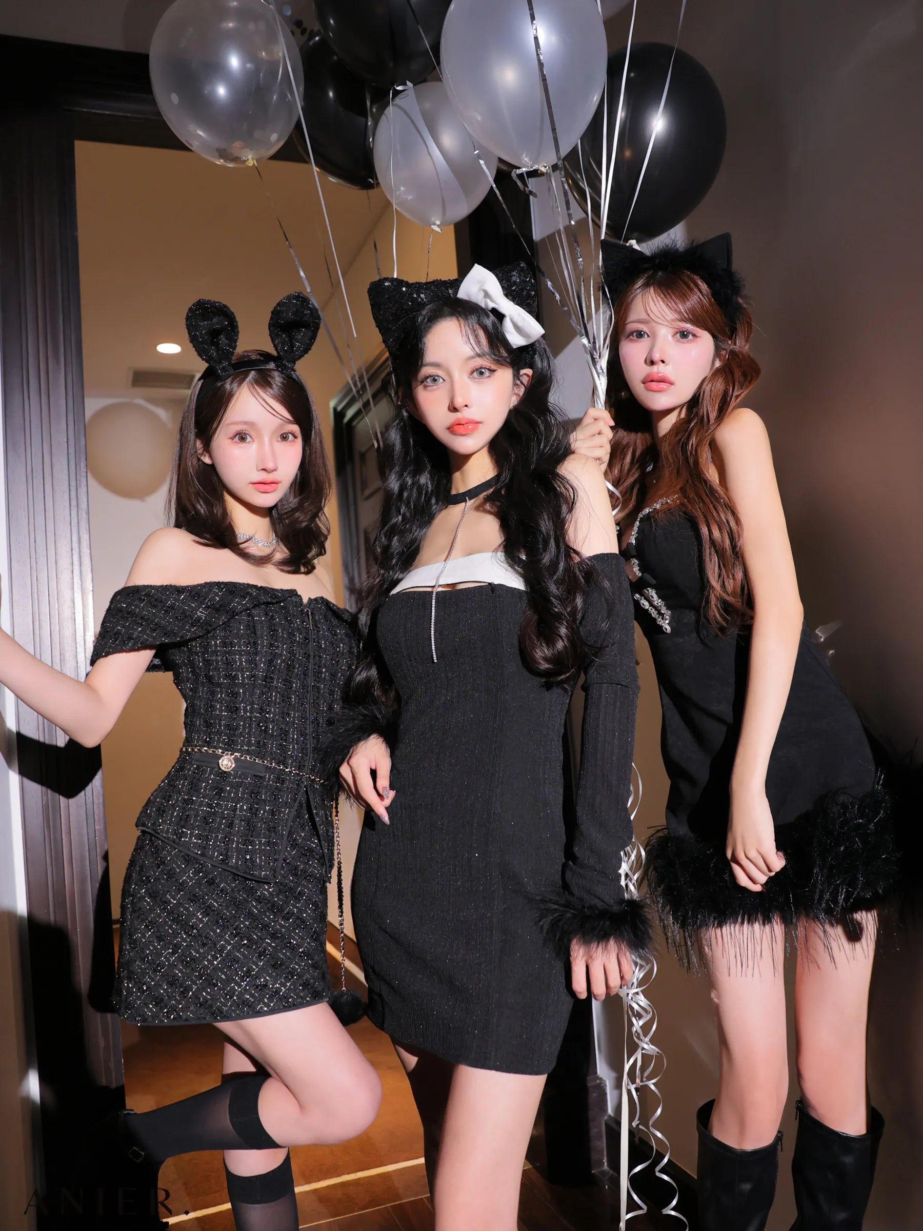 Tweed off-the-shoulder waist-cut bunny halloween dress (anier4054)