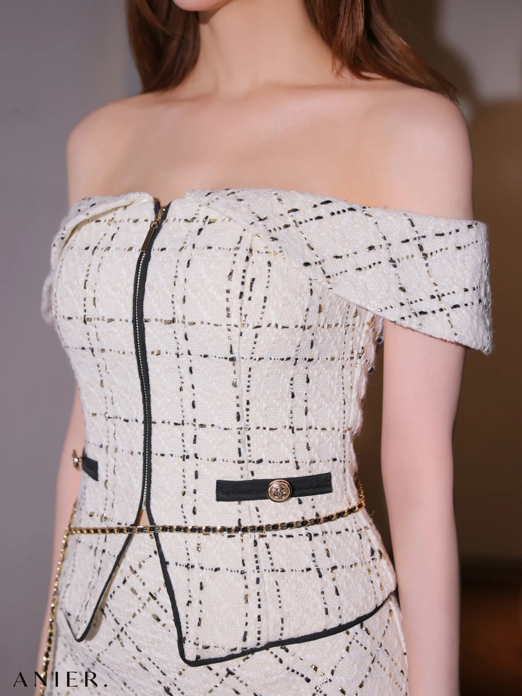 Tweed off-the-shoulder waist-cut bunny halloween dress (anier4054)