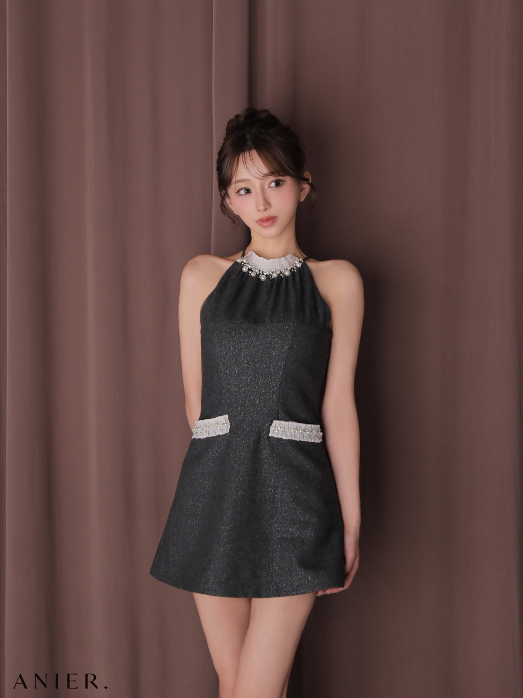 ★予約商品★【7月下旬頃入荷予定】【XSサイズあり】Glitter flannel halter pearl mini dress (anier4057)