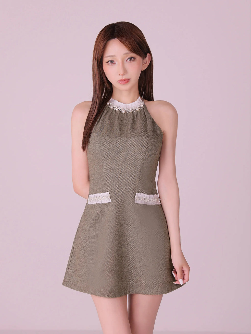 【予約】Glitter flannel halter pearl mini dress (anier4057)