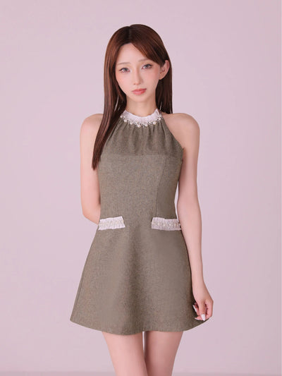 Glitter flannel halter pearl mini dress (anier4057)