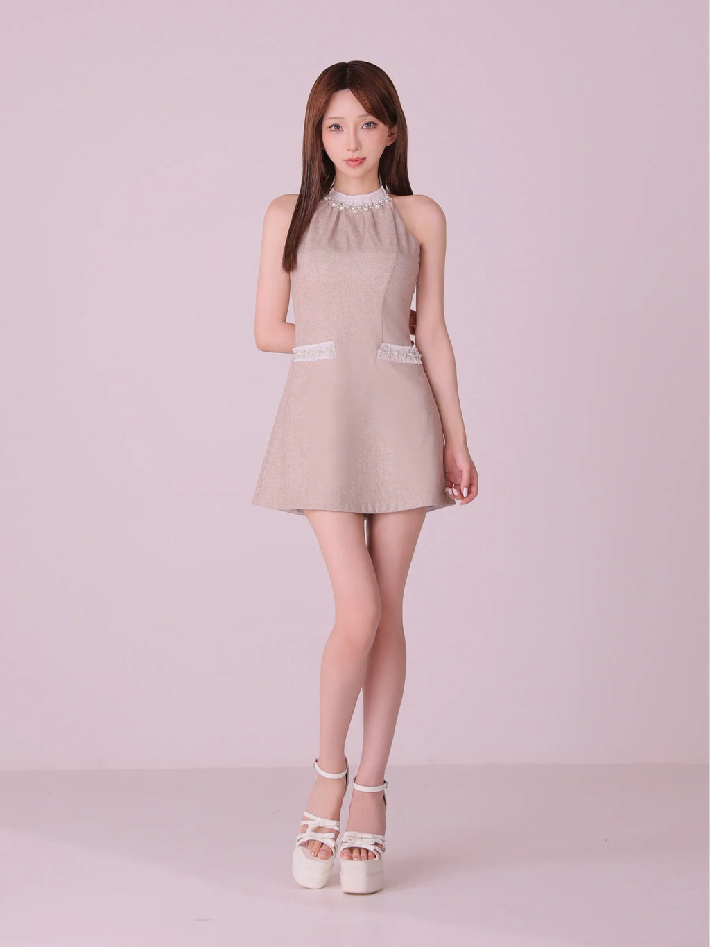 【予約】Glitter flannel halter pearl mini dress (anier4057)