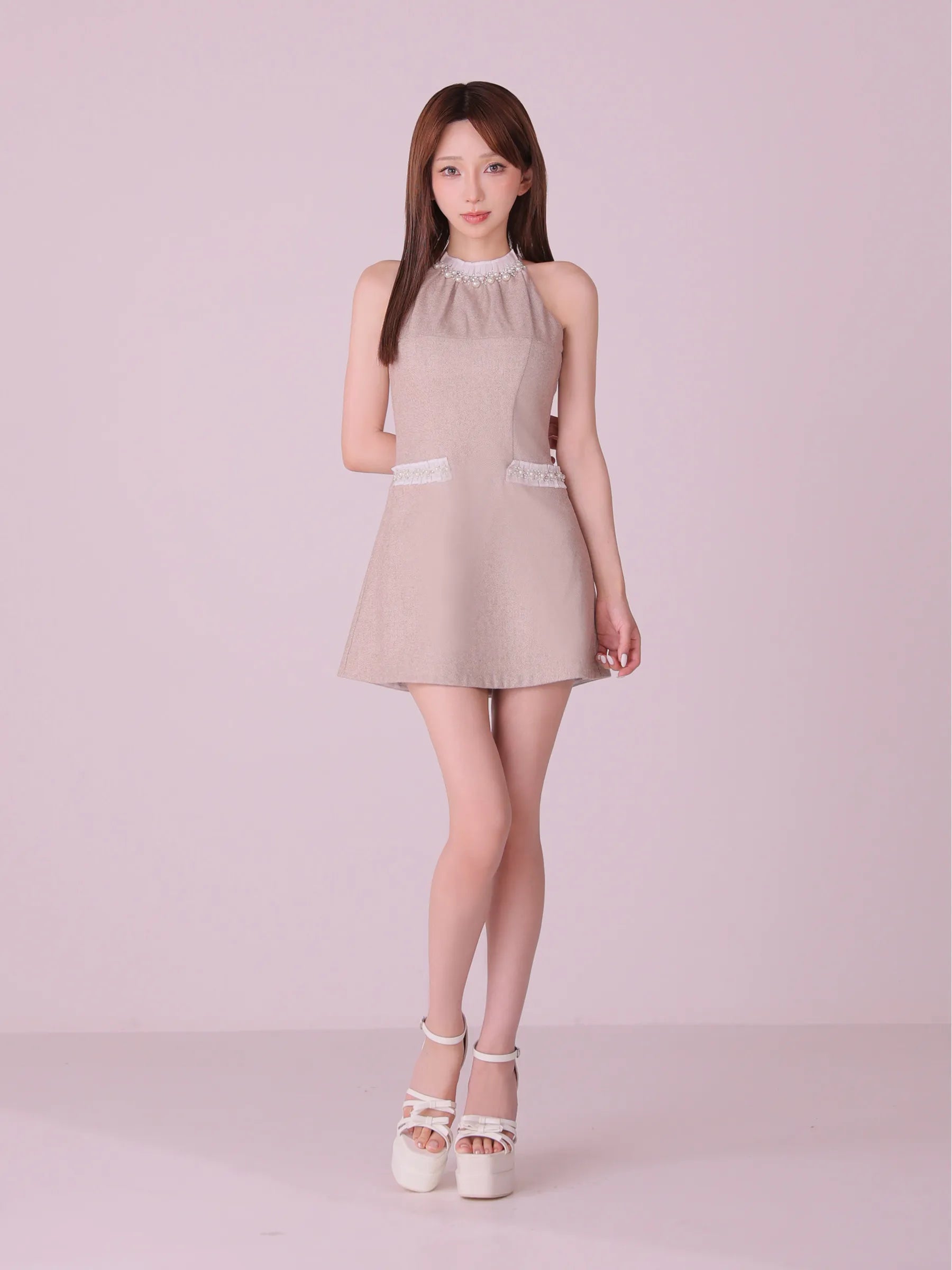 【予約】Glitter flannel halter pearl mini dress (anier4057)
