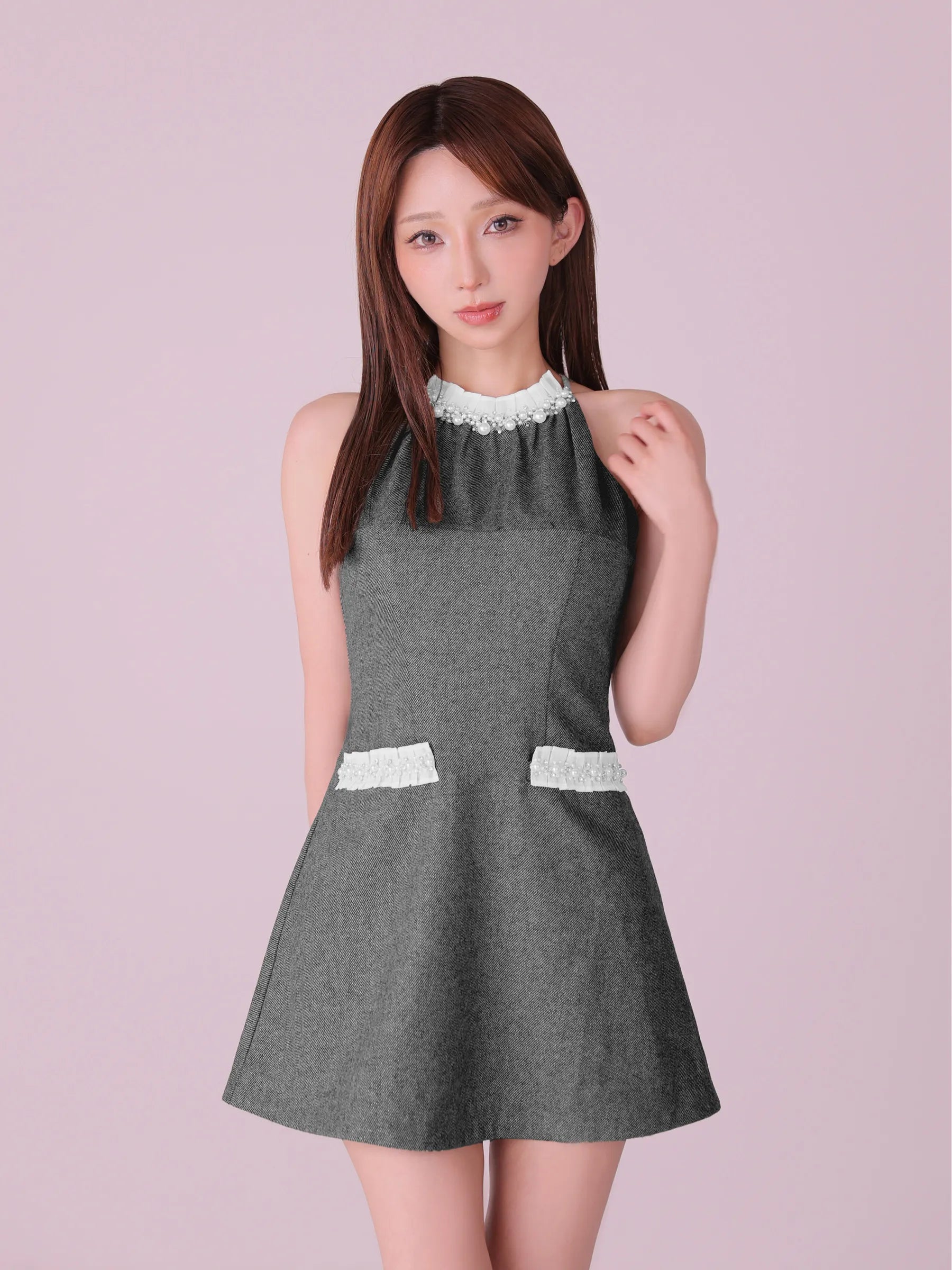 【予約】Glitter flannel halter pearl mini dress (anier4057)