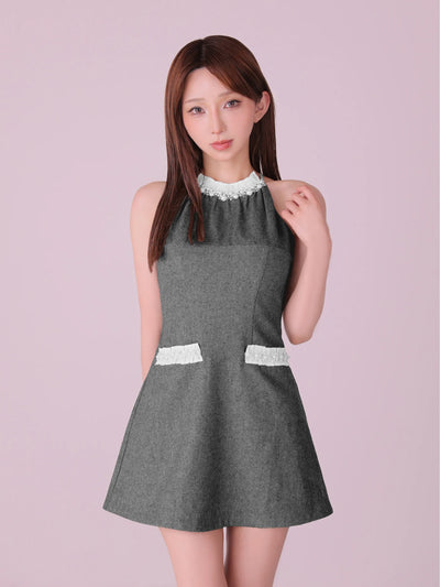 Glitter flannel halter pearl mini dress (anier4057)