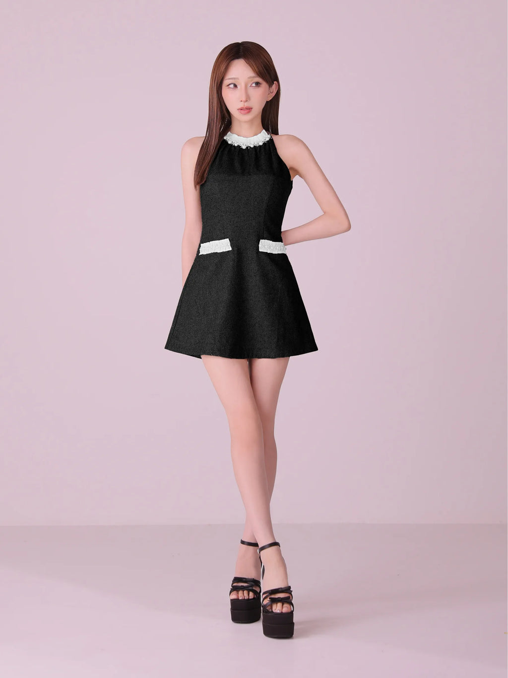 【予約】Glitter flannel halter pearl mini dress (anier4057)