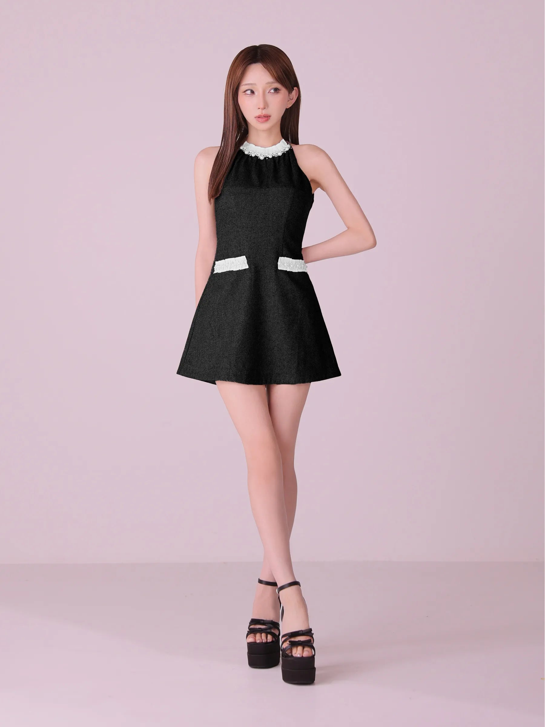 【予約】Glitter flannel halter pearl mini dress (anier4057)