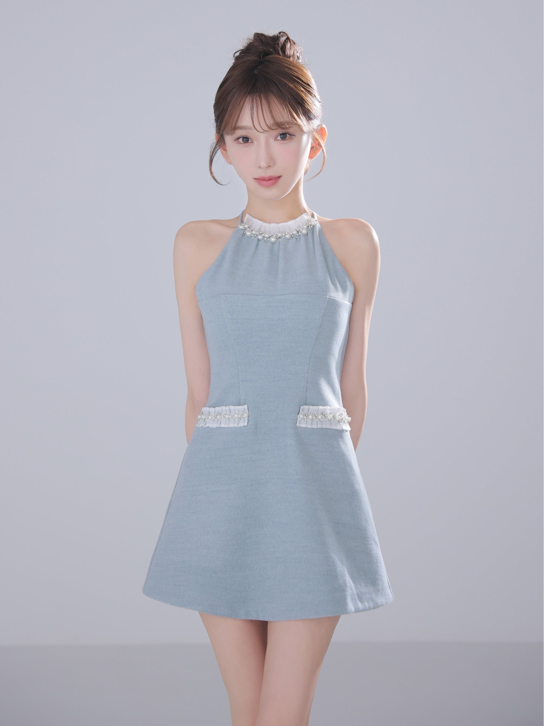 ★予約商品★【7月下旬頃入荷予定】【XSサイズあり】Glitter flannel halter pearl mini dress (anier4057)