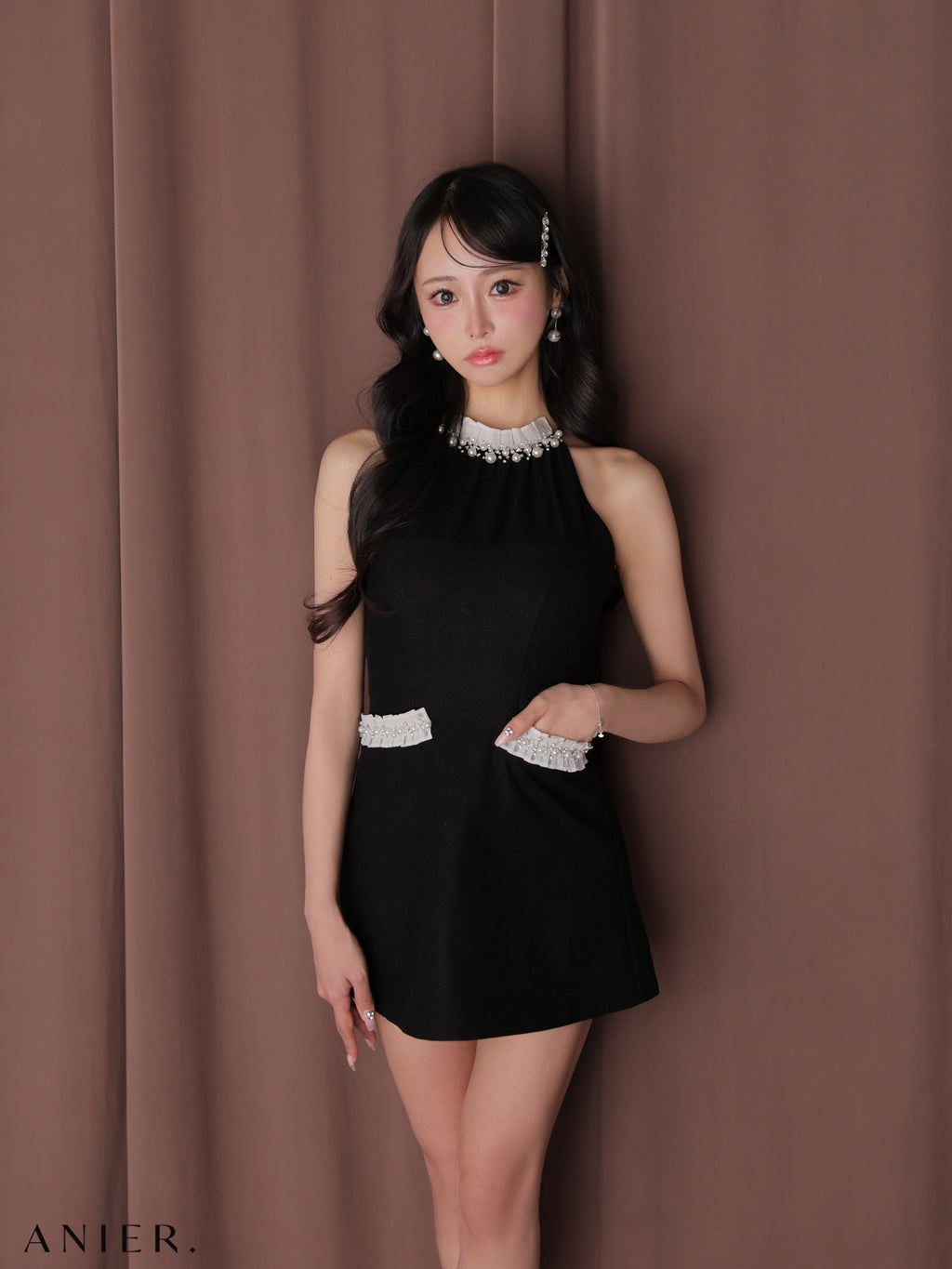 ★予約商品★【7月下旬頃入荷予定】【XSサイズあり】Glitter flannel halter pearl mini dress (anier4057)
