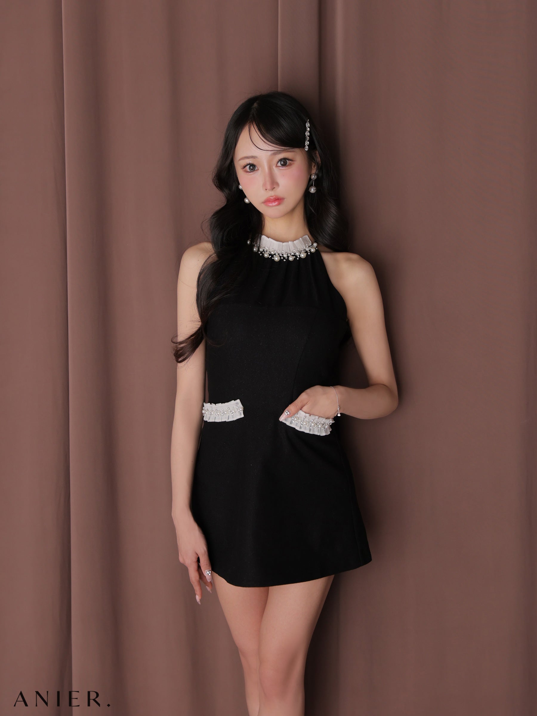 ★予約商品★【7月下旬頃入荷予定】【XSサイズあり】Glitter flannel halter pearl mini dress (anier4057)