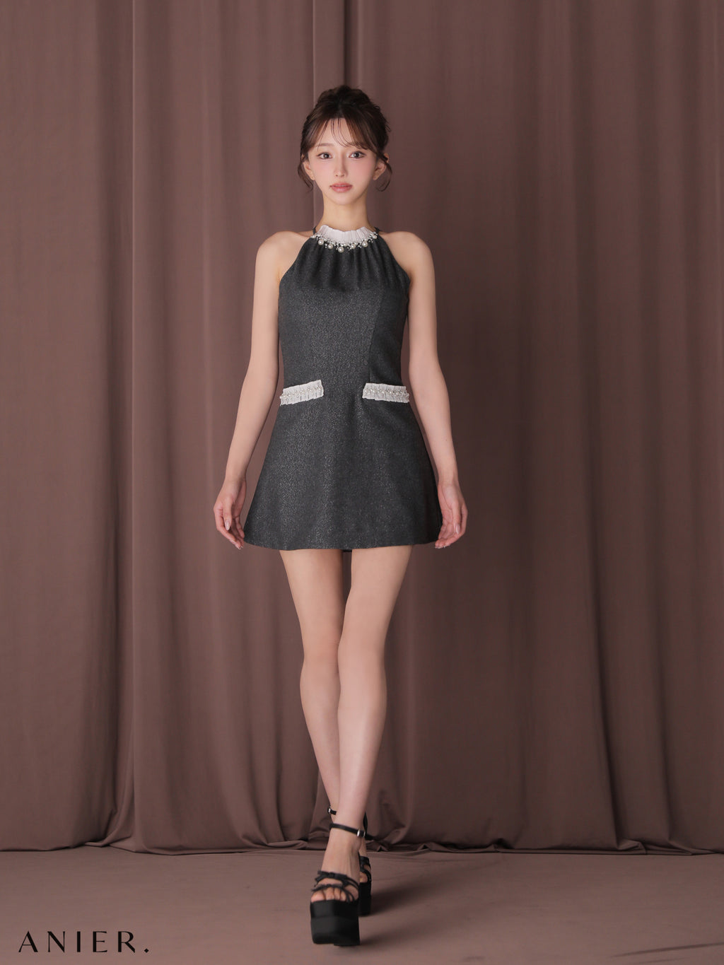 ★予約商品★【7月下旬頃入荷予定】【XSサイズあり】Glitter flannel halter pearl mini dress (anier4057)