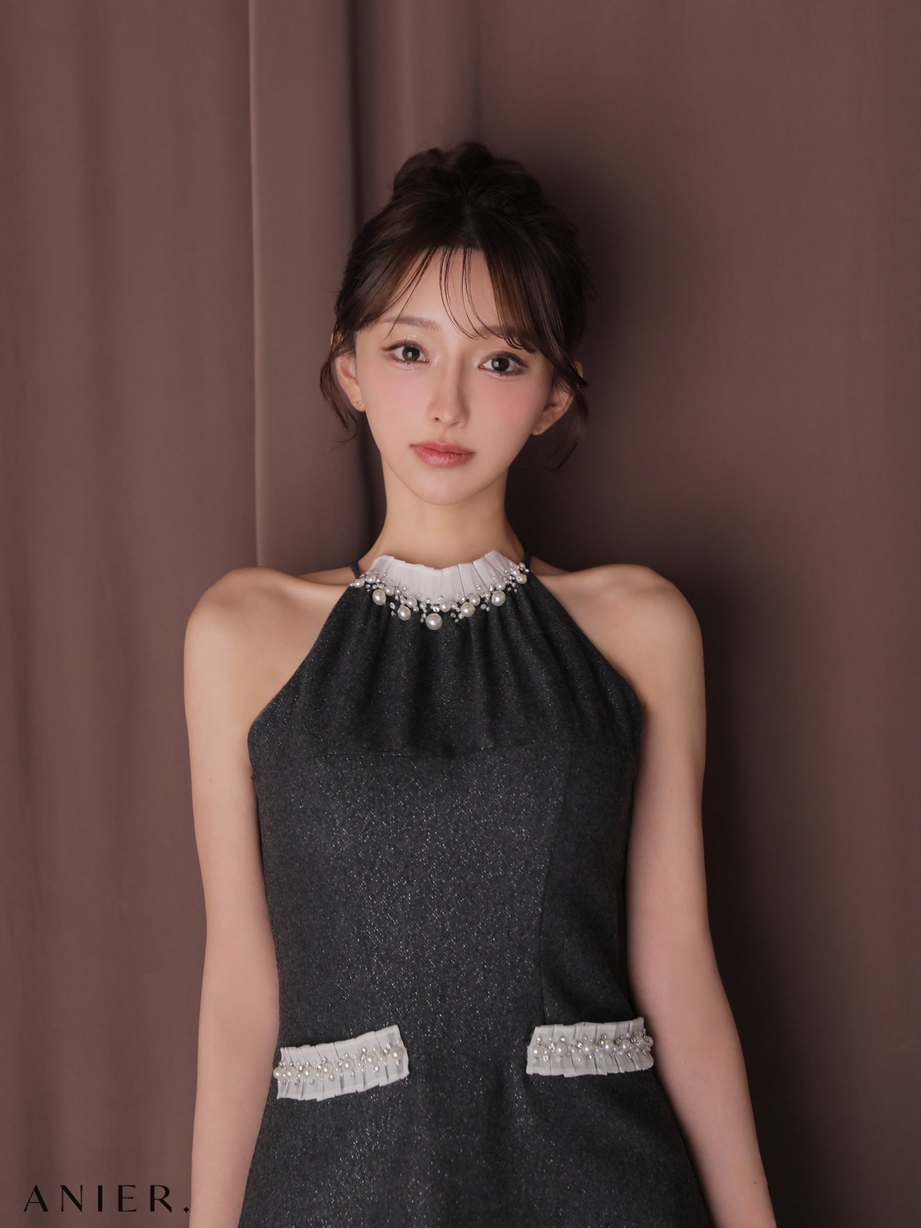 ★予約商品★【7月下旬頃入荷予定】【XSサイズあり】Glitter flannel halter pearl mini dress (anier4057)