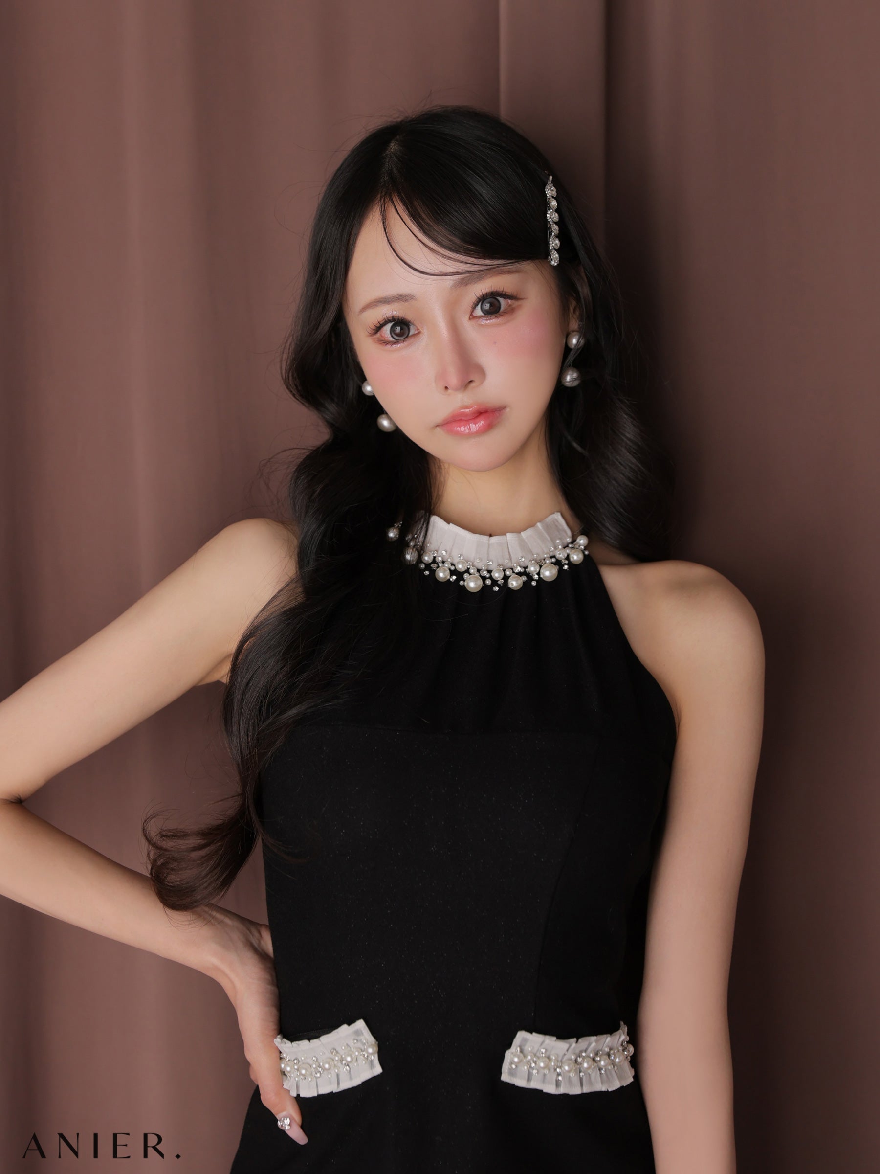 ★予約商品★【7月下旬頃入荷予定】【XSサイズあり】Glitter flannel halter pearl mini dress (anier4057)