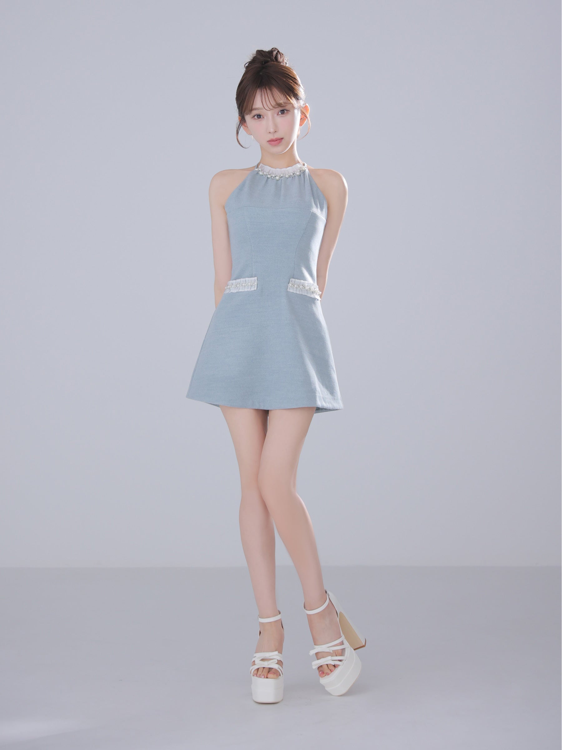 ★予約商品★【7月下旬頃入荷予定】【XSサイズあり】Glitter flannel halter pearl mini dress (anier4057)